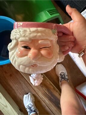 Winking Santa Ceramic Mug - Pink and Cream